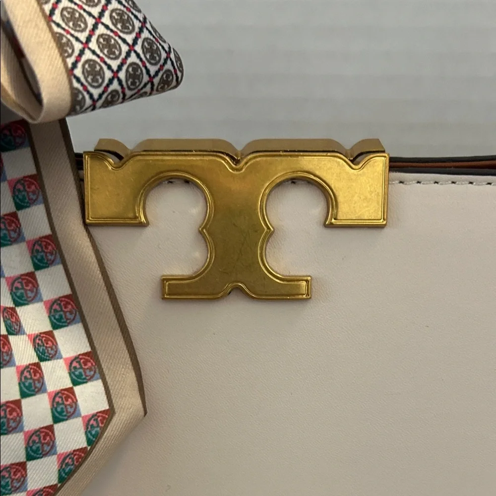 Tory Burch $700 Cream Eleanor Spazoletto Satchel with Gold Logo and Ribbon